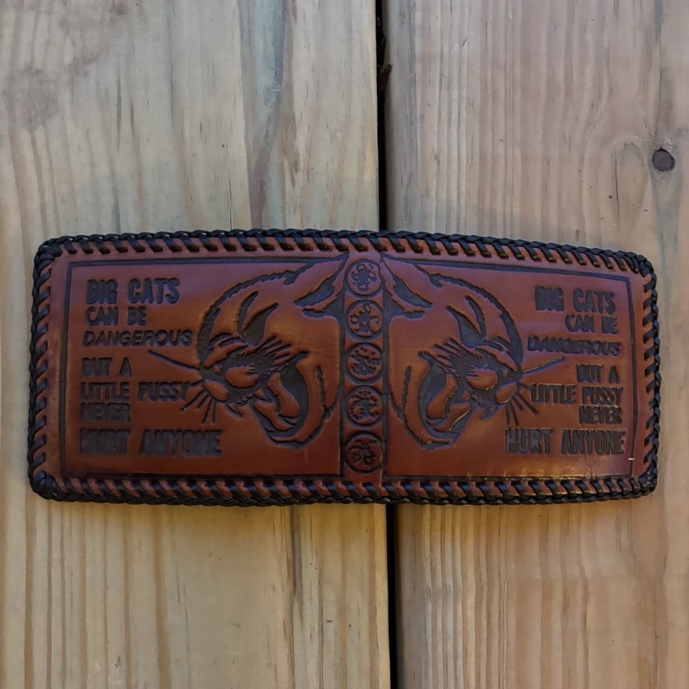 Vintage Leather Wallet Big Cats Can Be Dangerous Bifold Hand Tooled Whipstitch
